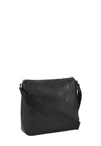 Sorte crossbody taske med præget blomster- og bogstavmønster, tekstureret læder, lynlåslukning og justerbar rem. Hardware i guld tone.