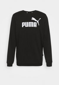 Sudadera negra de manga larga con el logo blanco de Puma y el emblema del gato saltando centrado en el pecho, con puños y dobladillo acanalados.