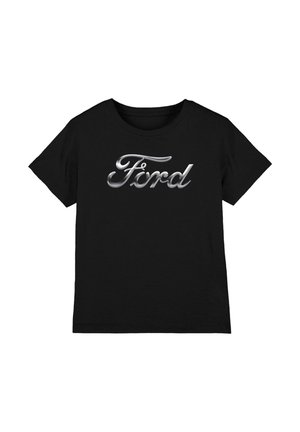 Schwarzes T-Shirt mit kurzen Ärmeln, das das Wort "Ford" in großer silberner Schrift mittig auf der Brust zeigt.