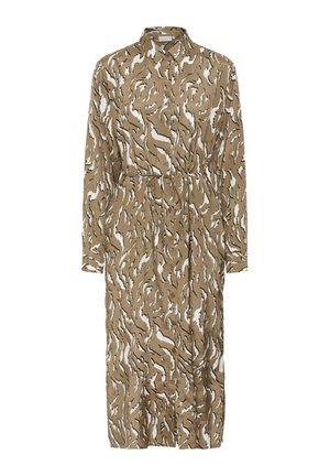 Rochie cămașă maro cu un model spiralat alb și negru, mâneci lungi, închidere cu nasturi pe față și un bretele legate în talie. Textură moale a țesăturii.