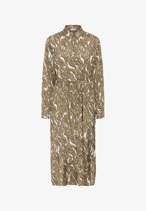 Rochie cămașă maro cu un model spiralat alb și negru, mâneci lungi, închidere cu nasturi pe față și un bretele legate în talie. Textură moale a țesăturii.