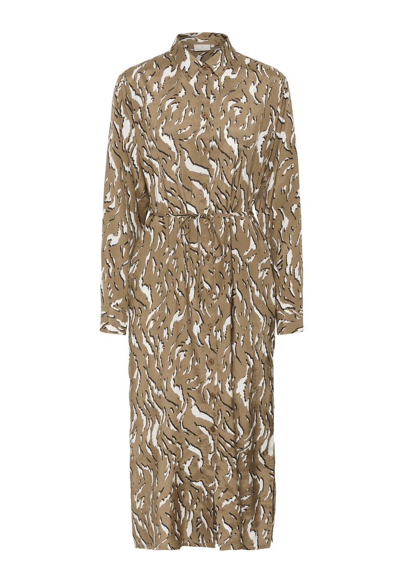 Blousejurk met lange mouwen, bruine, witte en zwarte abstracte dierenprint en een tailleceintuur om te knopen.