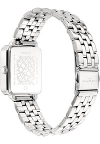 Zilveren roestvrijstalen horloge met een rechthoekige wijzerplaat, gepolijste afwerking, grote schakels en klapsluiting, met gegraveerde achterkant.