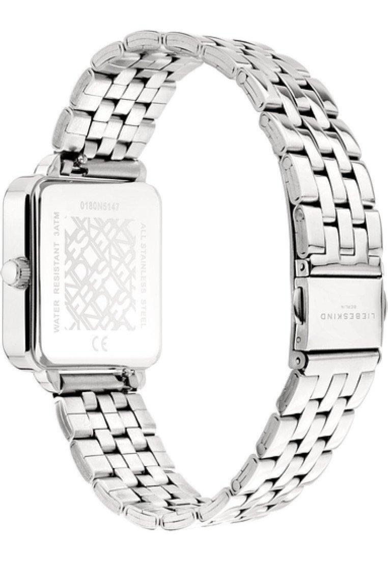 Zilveren roestvrijstalen horloge met een rechthoekige wijzerplaat, gepolijste afwerking, grote schakels en klapsluiting, met gegraveerde achterkant.