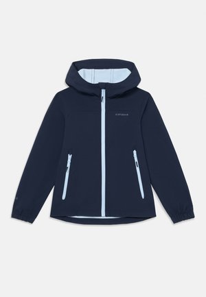 Giacca a vento navy con fodera interna blu chiaro, chiusura frontale con zip, due tasche laterali con zip e cappuccio regolabile.