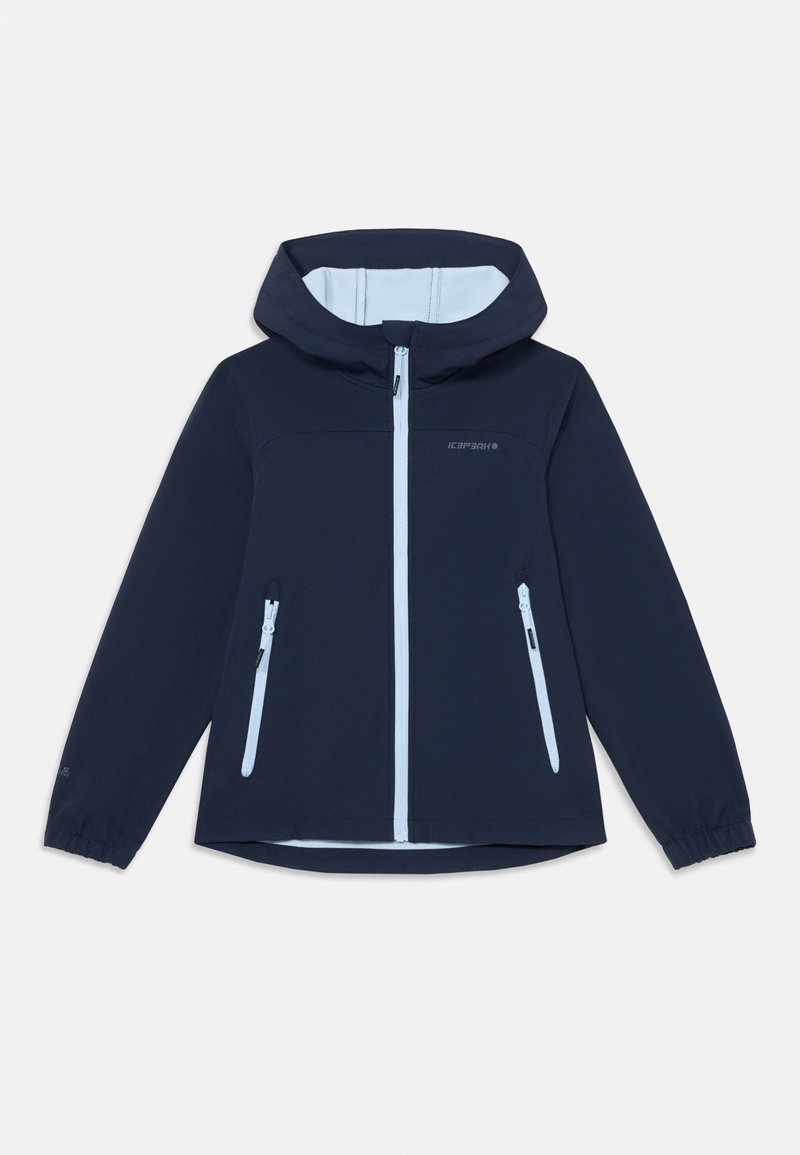 Giacca a vento navy con fodera interna blu chiaro, chiusura frontale con zip, due tasche laterali con zip e cappuccio regolabile.