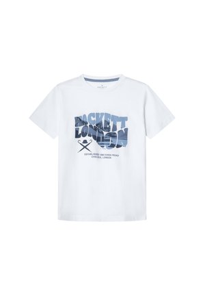White cotton t-shirt featuring a blue graphic print reading "Hackett London" with a wave pattern and crossed oars below. Round neck design.