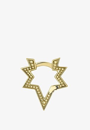 Anillo de oro con forma de explosión estelar, con bordes puntiagudos y una superficie lisa, que presenta pequeños acentos redondeados engastados a lo largo del contorno.