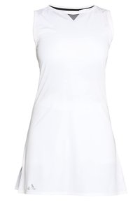 Robe de sport blanche sans manches avec bordure noire au niveau de l'encolure et petit logo Adidas près de l'ourlet côté gauche.