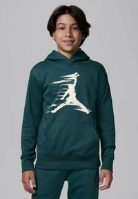 Felpa verde con tasca anteriore e logo Jumpman bianco. Realizzata in tessuto morbido, presenta un cappuccio con cordino e polsini a coste.