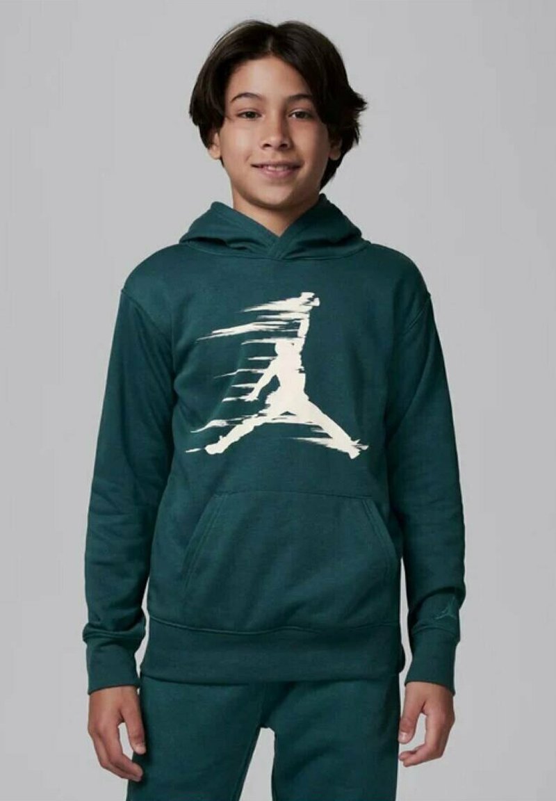 Felpa verde con tasca anteriore e logo Jumpman bianco. Realizzata in tessuto morbido, presenta un cappuccio con cordino e polsini a coste.
