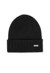 Czarna dziergana czapka typu beanie z prążkowaną fakturą i podwiniętym mankietem. Na boku znajduje się mała srebrna metka z logo. Klasyczny i prosty design.