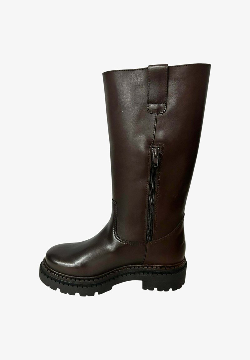 Brauner kniehoher Lederstiefel mit seitlichem Reißverschluss, abgerundetem Zehenbereich, grober schwarzer Gummisohle und gepolstertem Knöchelbereich für Komfort.