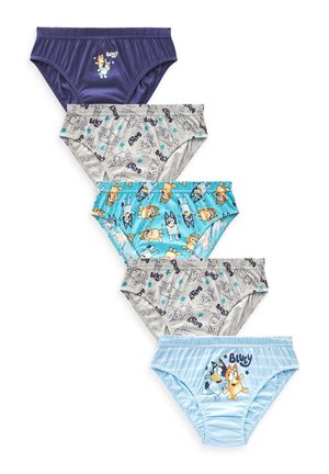 Cinco pares de ropa interior infantil: azul, gris y marino; con diseños de dibujos animados. Cintura elástica con diferentes estampados y colores.