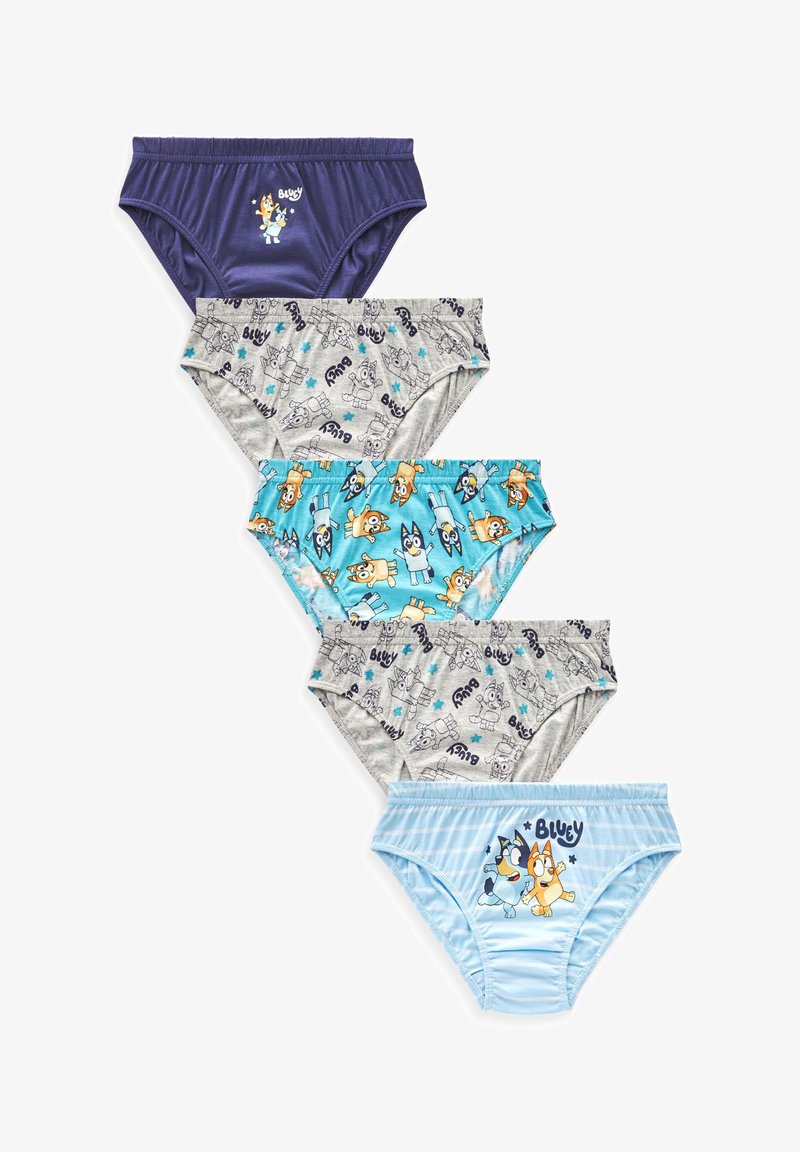Cinq paires de sous-vêtements pour enfants : bleu, gris et marine ; avec des motifs de dessins animés. Taille élastique avec différents imprimés et couleurs.