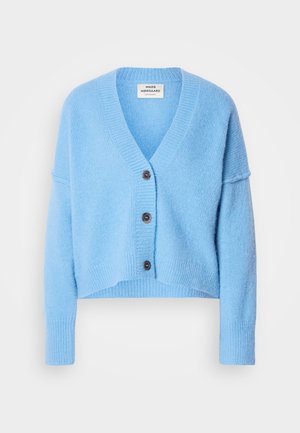 Gaiši zils adīts kardigāns ar V veida kaklu, īsām piedurknēm un četriem brūniem pogām. Ribu apakšmalas un piedurkņu gali piešķir tekstūru dizainam.