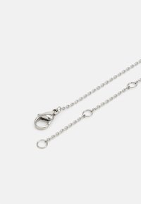 Silverfärgad metalkedja med länkade ovala former, utrustad med en robust kräftklämma och en slät, polerad yta.