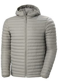 Hellgraue Pufferjacke mit Kapuze, ausgestattet mit einem Reißverschluss auf der Vorderseite, horizontal gestepptem Design und elastischen Bündchen für eine enganliegende Passform.