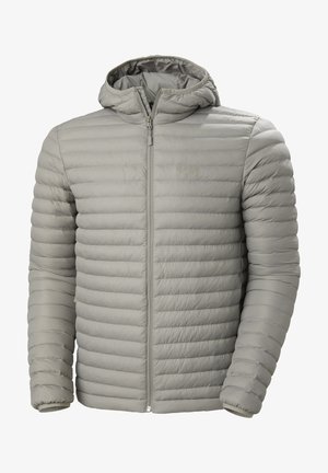 Jasnoszara kurtka puchowa z kapturem, z zamkiem z przodu, poziomym pikowanym wzorem oraz elastycznymi mankietami zapewniającymi dopasowanie.