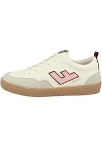 White sneaker with pink and brown accents, suede and leather materials, lace-up design, rubber sole, and branding on the side.