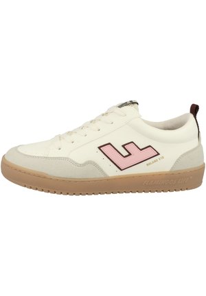 White sneaker with pink and brown accents, suede and leather materials, lace-up design, rubber sole, and branding on the side.