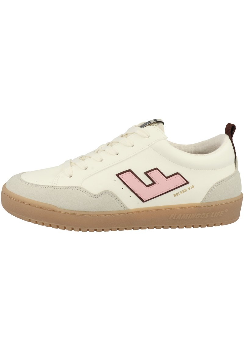 White sneaker with pink and brown accents, suede and leather materials, lace-up design, rubber sole, and branding on the side.