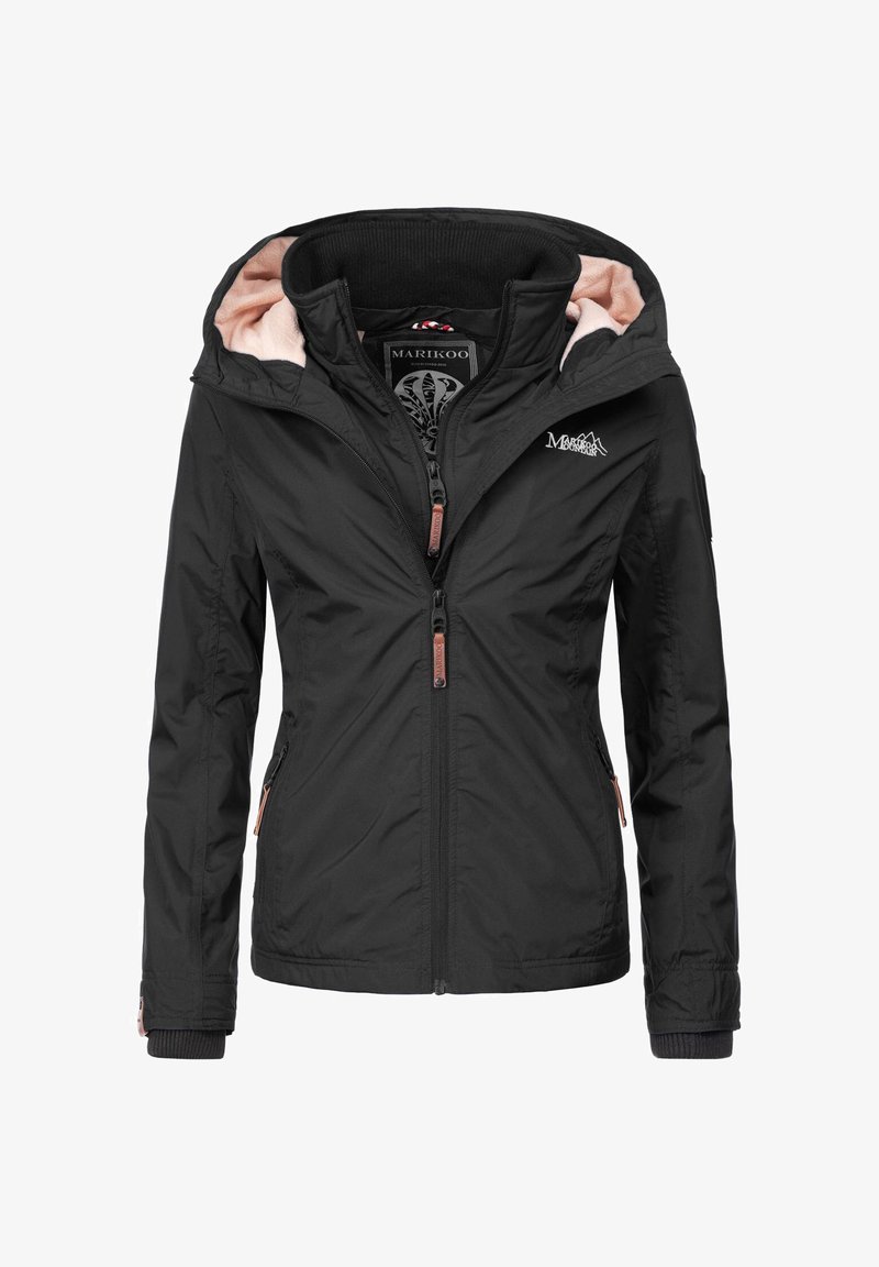 Schwarze Outdoorjacke für Frauen mit Kapuze, pinkem Fleecefutter, Reißverschluss vorne und Taschen, Marikoo-Logo auf der Brust.