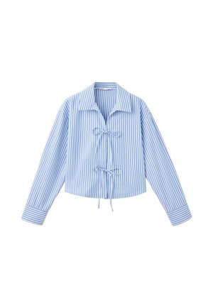 Camisa de rayas verticales azul y blanca de manga larga con cuello y dos cierres delanteros con lazo, corte cropped.