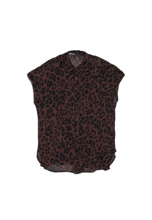 Blusa marrón con estampado de leopardo en tejido transparente, de mangas cortas, con cuello y tapeta de botones. Dobladillo redondeado y ajuste holgado.