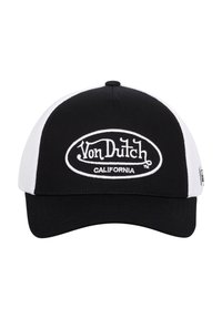Casquette noire et blanche avec un logo "Von Dutch" brodé. Design structuré avec une visière courbée et des panneaux latéraux en mesh.