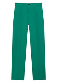 Pantalon vert droit sur mesure avec passants de ceinture, bouton sur le devant et détails de coutures le long de chaque jambe.