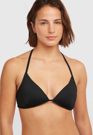 Čierny trojuholníkový plavkový top s nastaviteľnými popruhmi na krku a chrbte, vyrobený z hladkej látky. Vrch má na košíčkoch nariasené detaily.