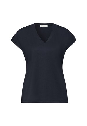 Zwarte damestop met korte mouwen en V-hals, rechte zoom en een label aan de binnenkant van de hals met de tekst "Street One."