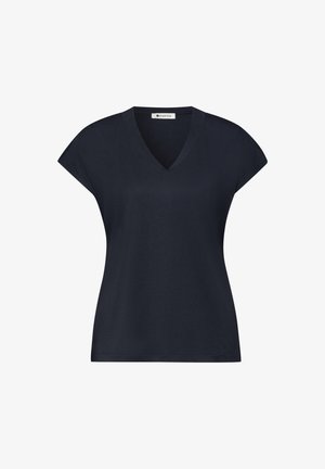 Top nero da donna a maniche corte con scollo a V, orlo dritto e etichetta all'interno della scollatura con la scritta "Street One."