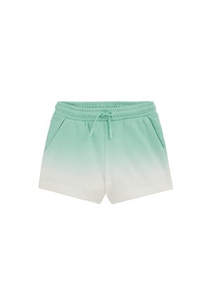 Shorts à taille élastique en dégradé vert menthe vers blanc avec cordon de serrage et poches latérales, style décontracté pour temps chaud.