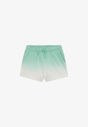 Shorts à taille élastique en dégradé vert menthe vers blanc avec cordon de serrage et poches latérales, style décontracté pour temps chaud.