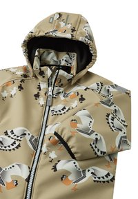 Beige barnjacka med huva, prydd med ett mönster av svart, vitt och orange måsar samt en dragkedja fram.