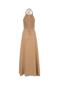 Abito halter in lino beige con schiena scoperta, chiusura al collo e silhouette fluida. Texture liscia con un design minimalista.