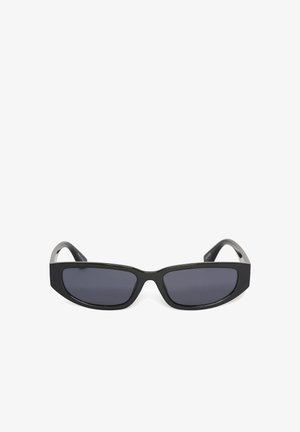 Black rectangular sunglasses with dark tinted lenses and thick frames against a white background.