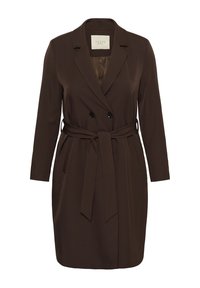 Dark brown double-breasted belted coat with notch lapels, long sleeves, side pockets, and a mid-thigh length tailored fit.