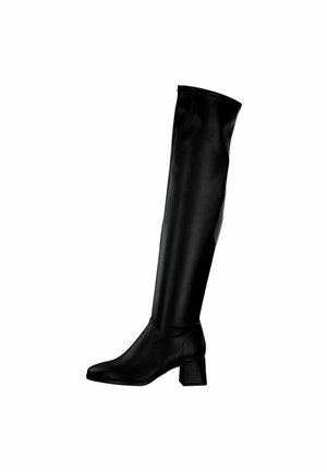 Botte noire en faux cuir, hauteur genou, avec un bout carré, un talon larges et une texture lisse. Présente un design ajusté et des détails de couture minimaux.