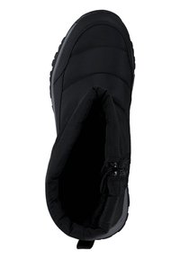 Schwarzer, isolierter Stiefel mit einem glatten, puffigen Obermaterial, abgerundeter Form und Gummisohle; mit einem Reißverschluss und weicher Innenschicht.