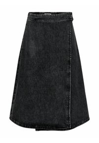 Čierna deninová sukňa v strihu A s vysokým pásom, surovým lemom a minimalisticým dizajnom. Obsahuje šité detaily pozdĺž okrajov.