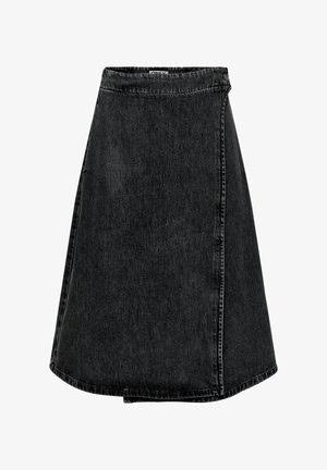 Čierna deninová sukňa v strihu A s vysokým pásom, surovým lemom a minimalisticým dizajnom. Obsahuje šité detaily pozdĺž okrajov.