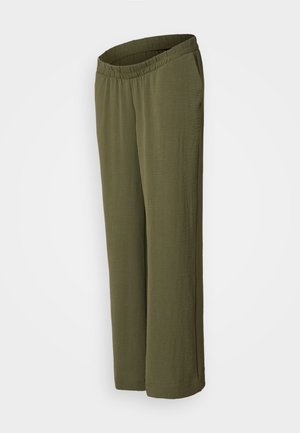 Pantalons olive verts, coupe décontractée, en tissu doux et texturé avec un waistband élastique et des poches latérales. Design à jambe droite, sans fermetures visibles.