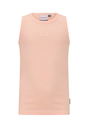 Ärmelloses, hellrosa, geripptes Tanktop mit rundem Ausschnitt und kleinem, geprägtem Logo auf der Brust, Verkaufsetikett im Kragen sichtbar.