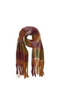 Écharpe en laine douce présentant des nuances de bordeaux, de vert et de marron avec un motif écossais et des franges aux extrémités.