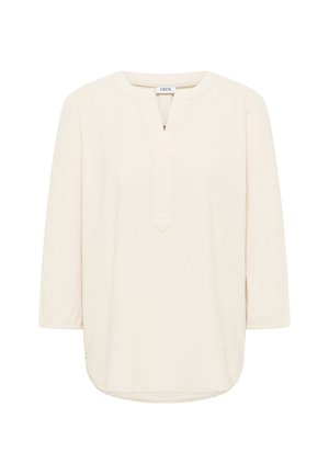 Crème-kleurige blouse met lange mouwen, een ronde halslijn, een V-vormige uitsnijding en een losse, ontspannen pasvorm.