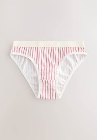 Sous-vêtement bikini en coton avec des rayures verticales blanches et rouges. Comprend une ceinture élastique crème et des bordures assorties. Texture douce, coupe taille mi-haute.