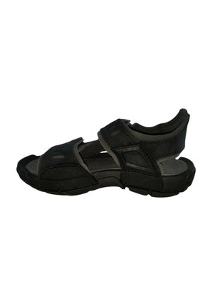 Sandalo nero con punta aperta, cinturini regolabili in velcro e suola spessa progettata per il comfort e l'utilizzo all'aperto.